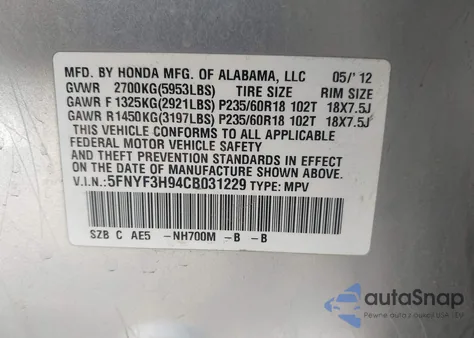2012 Honda Pilot Touring from USA, damaged, VIN 5FNYF3H94CB031229